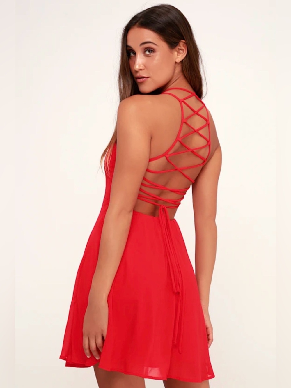 Lulu's Vibrant Red Lace-Up Dress